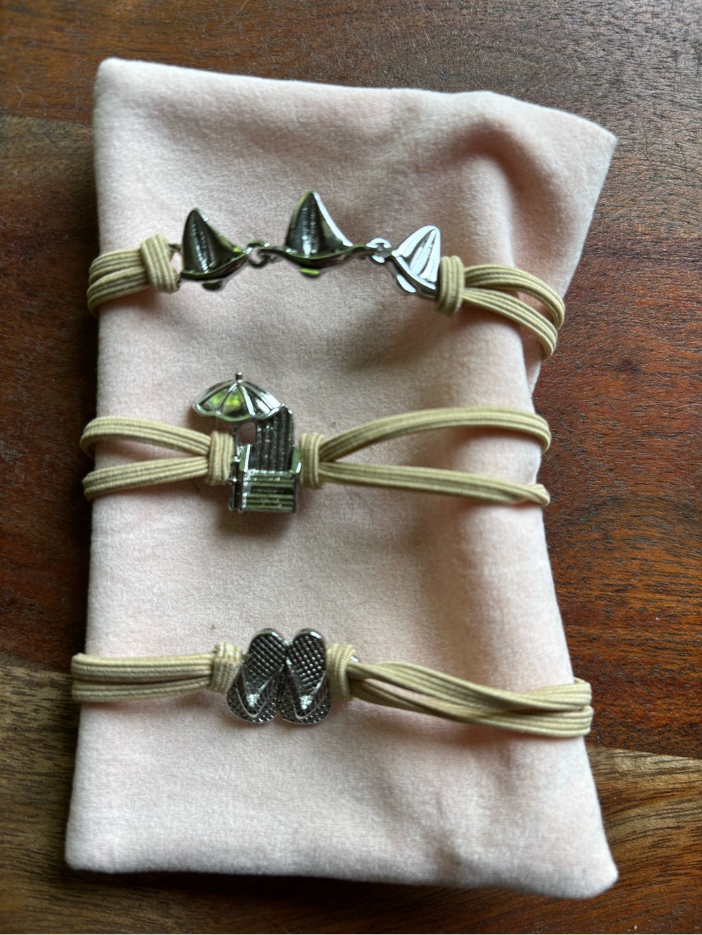 Set of 3 Beach Charm Elastic Bracelet hair ties in tan and Silver